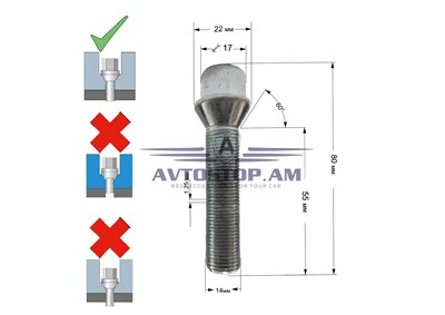 ԲՈԼՏ անիվի M14x1,25x55 կոնուս, K=17, ցինկ 077216 (C17F55) - фото 9673